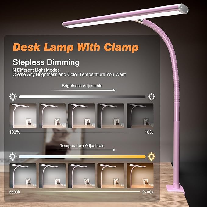 LED Desk Lamp for Office Home, Eye-Caring Desk Light with Stepless Dimming Adjustable Flexible Gooseneck, 10W USB Adapter Desk Lamp with Clamp for Reading, Study, Workbench (Pink) - LeafyLoom