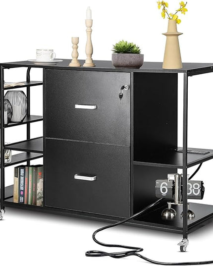 Lateral File Cabinet, 2 Drawer Mobile Filing Cabinet with Outlet, Open Storage Side Shelves, Locking Drawer Fits A4/Letter/Legal Size File Cabinets for Home Office, Black - LeafyLoom
