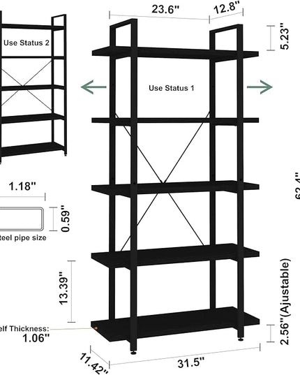 Panana 5 Tier Industrial Rustic Wooden Bookshelves, Vintage Open Wood and Metal Farmhouse Bookshelf Heavy Duty Storage Shelving Unit Rack (Black) - LeafyLoom
