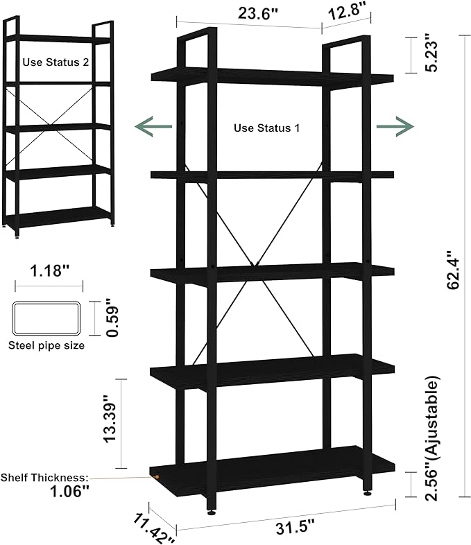 Panana 5 Tier Industrial Rustic Wooden Bookshelves, Vintage Open Wood and Metal Farmhouse Bookshelf Heavy Duty Storage Shelving Unit Rack (Black) - LeafyLoom