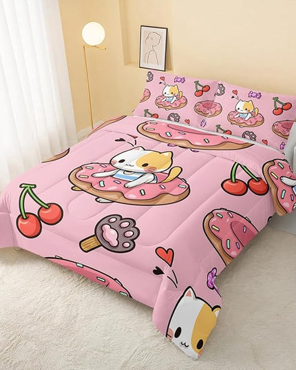 Kawaii Cat Comforter Twin Size,Doughnut Cherry Cat Comforter Set for Kids Teens Girls,3Pcs Bedding Set Printed Comforter with 2 Pillowcases,Soft and Lightweight(Pink，Twin Size) - LeafyLoom