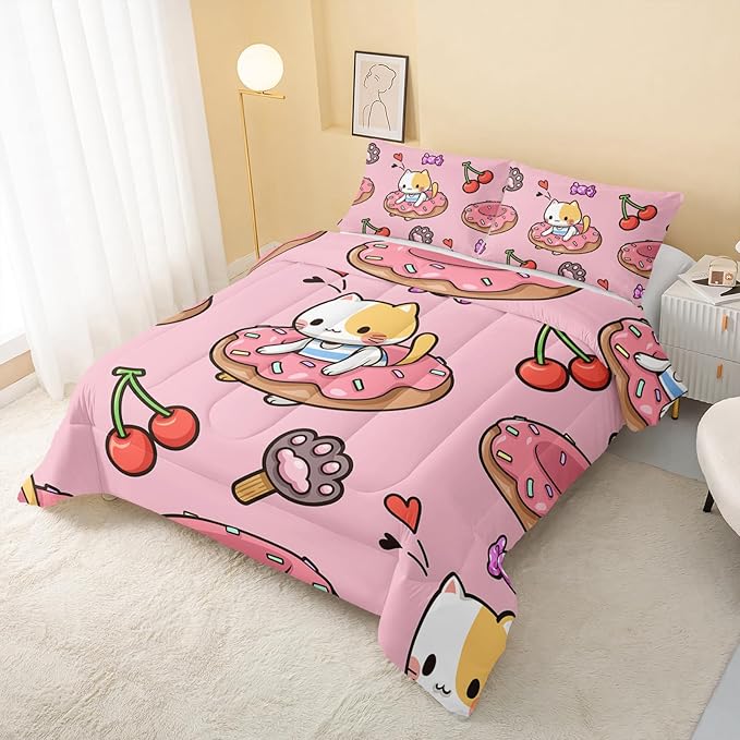 Kawaii Cat Comforter King Size,Doughnut Cherry Cat Comforter Set for Kids Teens Girls,3Pcs Bedding Set Printed Comforter with 2 Pillowcases,Soft and Lightweight(Pink，King Size) - LeafyLoom