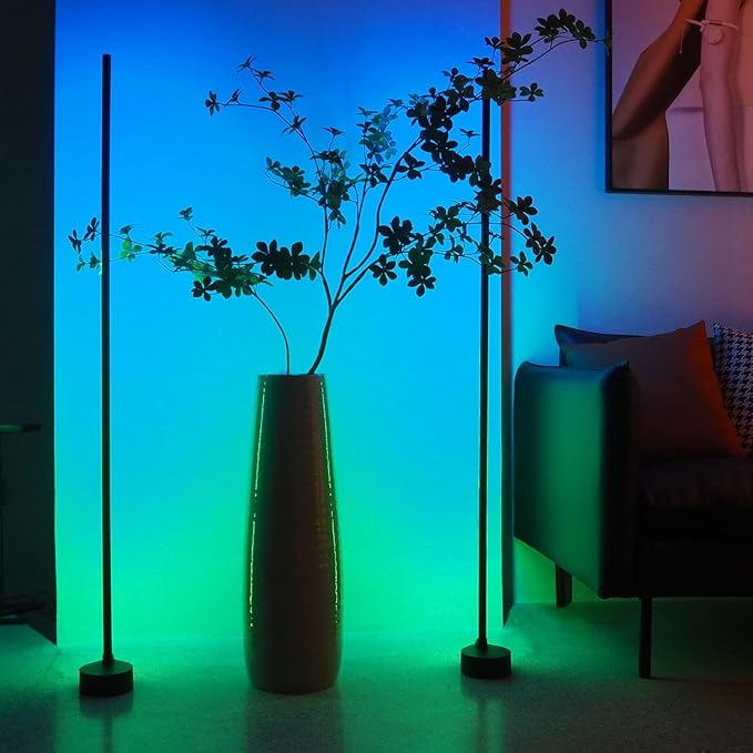 AIZAWA Led Corner Lamp, RGBICW Color Changing Corner Floor Lamp with Remote and App Control, Creative DIY Modes, Music Sync, Led Corner Light for Living Room, Bedroom, and Gaming Room - LeafyLoom