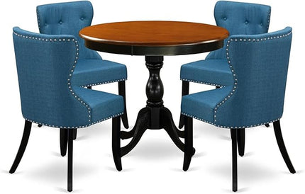 East West Furniture AMSI5-BCH-21 Antique 5 Piece Room Furniture Set Includes a Round Kitchen Table with Pedestal and 4 Blue Linen Fabric Parsons Dining Chairs, 36x36 Inch - LeafyLoom