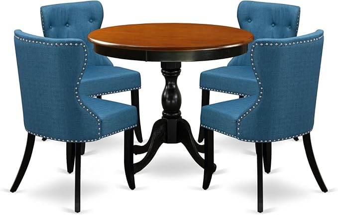 East West Furniture AMSI5-BCH-21 Antique 5 Piece Room Furniture Set Includes a Round Kitchen Table with Pedestal and 4 Blue Linen Fabric Parsons Dining Chairs, 36x36 Inch - LeafyLoom