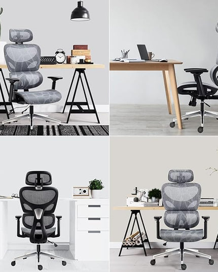 Nouhaus Ergo3D Ergonomic Office Chair Lumbar Support Mesh Office Chair with 4D Adjustable Armrest, Adjustable Headrest and Wheels, Mesh High Back Home Office Desk Chairs (Grey) - LeafyLoom