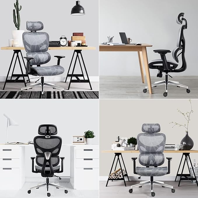 Nouhaus Ergo3D Ergonomic Office Chair Lumbar Support Mesh Office Chair with 4D Adjustable Armrest, Adjustable Headrest and Wheels, Mesh High Back Home Office Desk Chairs (Grey) - LeafyLoom