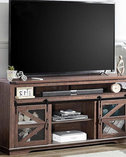 Zanzio 66" Farmhouse TV Stand for up to 75 inch TVs, Rustic Entertainment Center Media Console Table with Sliding Barn Doors Living Room Bedroom Wooden TV Cabinet (Distressed Brown) - LeafyLoom