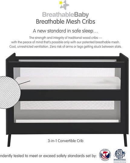 BreathableBaby Breathable Mesh 3-in-1 Convertible Crib (Toddler Bed Kit Sold Separately) — Black — Two Adjustable Mattress Heights — Greenguard Gold Certified - LeafyLoom