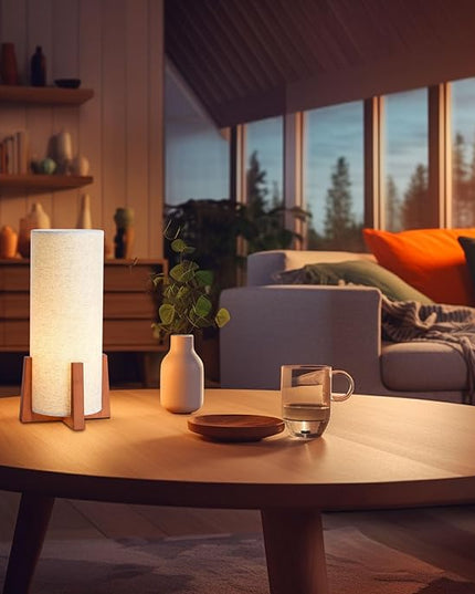 KUNJOULAM Modern Small Table Lamps, Nightstand Lamp with Linen Fabric Shade, 13.9" Cylinder Bedside Table Lamp for Bedroom, Cafe, Living Room Home Decor - LeafyLoom