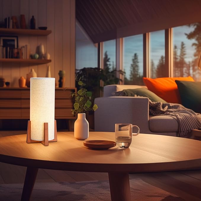 KUNJOULAM Modern Small Table Lamps, Nightstand Lamp with Linen Fabric Shade, 13.9" Cylinder Bedside Table Lamp for Bedroom, Cafe, Living Room Home Decor - LeafyLoom