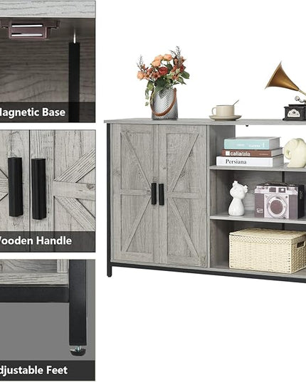WEENFON Floor Storage Cabinet, Buffet Storage Cabinet with 2 Barn Doors, Industrial Sideboard with Adjustable Shelves, Buffet Table for Dining Room, Living Room, Kitchen, Grey - LeafyLoom