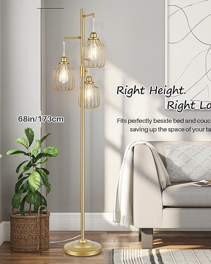 Dimmable Industrial Floor Lamp with 3 LED Edsion Bulbs, Farmhouse Tall Standing Lamp for Living Room, Modern Gold Tree Floor Lamp, Bright Vintage Pole Light with Cage Shades for Bedroom Home Decor - LeafyLoom