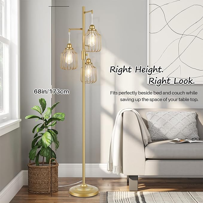 Dimmable Industrial Floor Lamp with 3 LED Edsion Bulbs, Farmhouse Tall Standing Lamp for Living Room, Modern Gold Tree Floor Lamp, Bright Vintage Pole Light with Cage Shades for Bedroom Home Decor - LeafyLoom