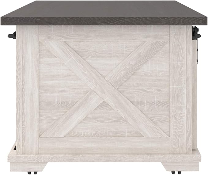 Signature Design by Ashley Dorrinson Farmhouse Coffee Table with Sliding Barn Doors, Antique White & Brown - LeafyLoom
