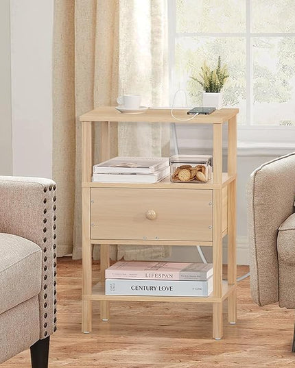 Lerliuo Nightstand Set of 2 with Charging Station and USB Ports, 3-Tier Storage End Table with Drawer Shelf, Night Stand for Small Spaces, Wood Bedside Table for Living Room, Bedroom-Light Wood Grain - LeafyLoom