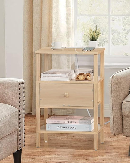 Lerliuo Nightstand with Charging Station and USB Ports, 3-Tier Storage End Table with Drawer Shelf, Night Stand for Small Spaces, Wood Bedside Table for Living Room, Bedroom - Natural - LeafyLoom