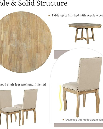 NicBex Round Dining Table Dining Room Set 5-Piece Farmhouse Dining Table Set Wood Round Extendable Dining Table and 4 Upholstered Dining Chairs for Set, Natural Wood Wash - LeafyLoom