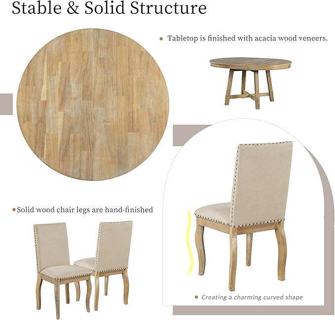 NicBex Round Dining Table Dining Room Set 5-Piece Farmhouse Dining Table Set Wood Round Extendable Dining Table and 4 Upholstered Dining Chairs for Set, Natural Wood Wash - LeafyLoom