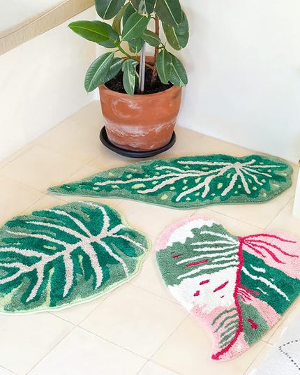Pink Princess Non Slip Bath Mat or Kitchen Tufted Rug, Plant Leaf Shaped Kids Pets Floor Mat Carpet, Green, 32" x 24" - LeafyLoom