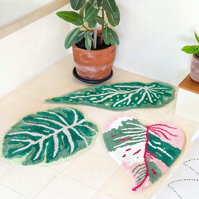 Pink Princess Non Slip Bath Mat or Kitchen Tufted Rug, Plant Leaf Shaped Kids Pets Floor Mat Carpet, Green, 32" x 24" - LeafyLoom