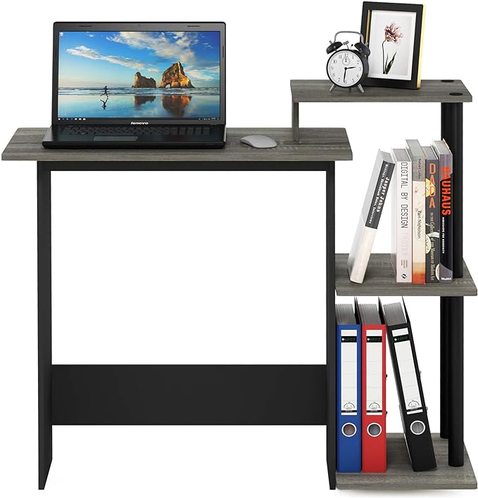 Furinno Efficient Home Laptop Notebook Computer Desk with Square Shelves, French Oak Grey/Black - LeafyLoom