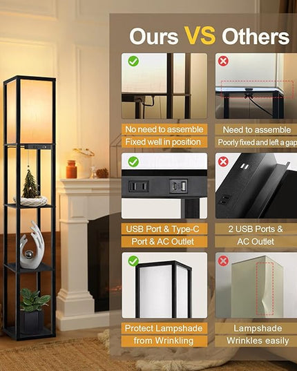 OUTON Floor Lamp with Shelves, Dimmable Shelf Floor Lamp with Remote, 1USB & 1 Type C Ports, 1 Power Outlet, Modern Standing Lamp with 4 Color Temperature for Living Room, Bedroom, Matte Black - LeafyLoom