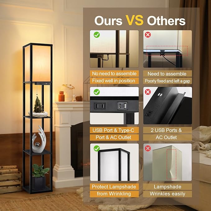 OUTON Floor Lamp with Shelves, Dimmable Shelf Floor Lamp with Remote, 1USB & 1 Type C Ports, 1 Power Outlet, Modern Standing Lamp with 4 Color Temperature for Living Room, Bedroom, Matte Black - LeafyLoom