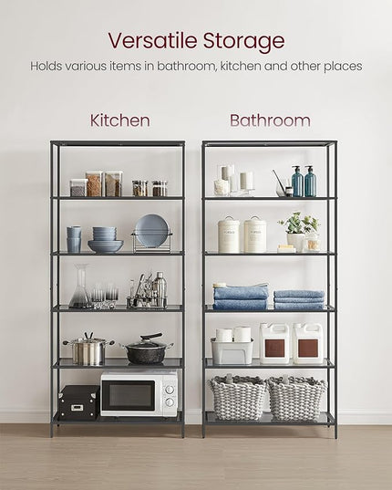VASAGLE Bookcase, 6-Tier Bookshelf, Slim Shelving Unit for Bedroom, Bathroom, Home Office, Tempered Glass, Steel Frame, Ink Black and Slate Gray ULGT503G01 - LeafyLoom