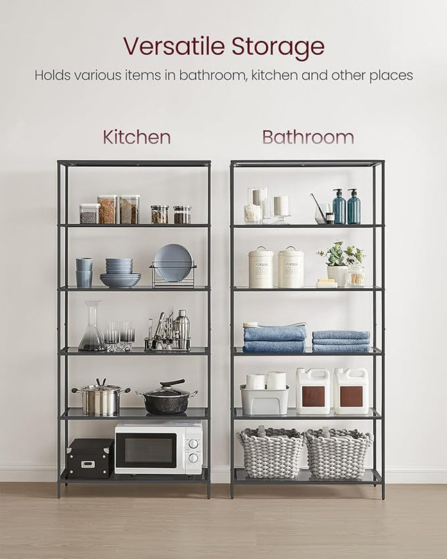 VASAGLE Bookcase, 6-Tier Bookshelf, Slim Shelving Unit for Bedroom, Bathroom, Home Office, Tempered Glass, Steel Frame, Ink Black and Slate Gray ULGT503G01 - LeafyLoom