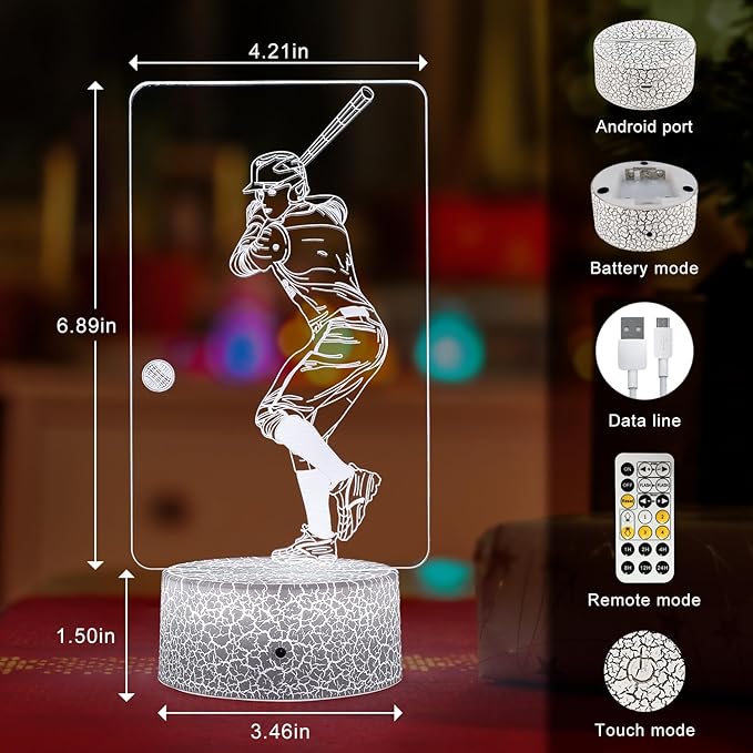 Baseball Light,Baseball Bedside Lamp 7 Colors Change + Remote Control with Timer Night Light Optical Illusion Lamps for Gift Ideas for Boys or Kids - LeafyLoom