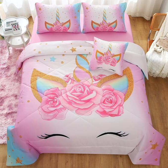 JQinHome Unicorn Queen Bedding Sets for Girls Kids,6 Piece Bed in A Bag 3D Colorful Flower Girl Unicorn Comforter Set(1 Comforter,2 Pillowcases,1 Flat Sheet,1 Fitted Sheet,1 Cushion Cover) - LeafyLoom