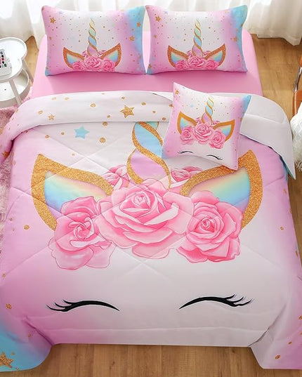 JQinHome Unicorn Full Bedding Sets for Girls Kids,6 Piece Bed in A Bag 3D Colorful Flower Girl Unicorn Comforter Set (1 Comforter,2 Pillowcases,1 Flat Sheet,1 Fitted Sheet,1 Cushion Cover) - LeafyLoom