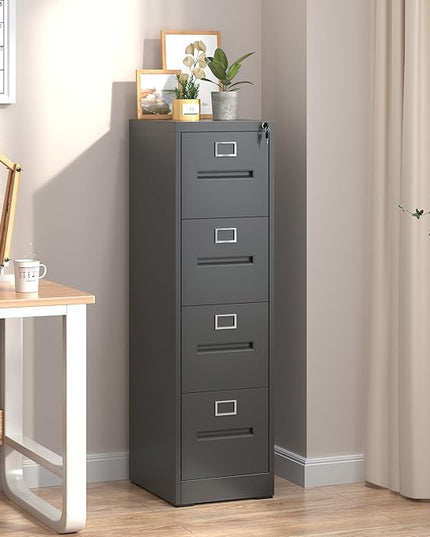 4 Drawer File Cabinet,Metal Filing Cabinets with Lock,Black Vertical File Cabinet for Home Office,Heavy Duty Metal Storage Cabinet for A4/Letter/Legal Size File,Assembly Required - LeafyLoom