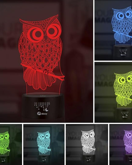 Elstey Owl 3D Illusion Lamp, 7 Color Changing Touch Table Desk LED Night Light Great Kids Gifts Home Decoration - LeafyLoom