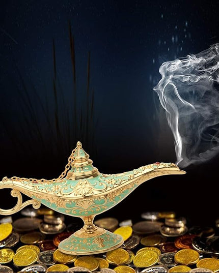Classic Aladding Magic Genie Lamp Legend Wishing Light Costume Lamp Metal Carved Cone Incense Burner for Home Tabletop Decoration Party Birthday Halloween Christmas(Light Jade Green) - LeafyLoom