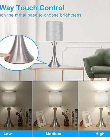 3 Way Touch Control Table Lamp, Dimmable Bedside Desk Lamp with Metal Base Modern Nightstand Lamp Stylish Grey Shade Simple Side Table Lamp for Bedroom, Living Room, Office or Den LED Bulb Included - LeafyLoom