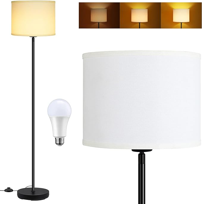 BoostArea Floor Lamp Standing Lamp, Tall Floor Lamp with 3 Dimmable Levels, Simple Floor Lamp with Linen Lampshade, On/OFF Footswitch, 9W LED Bulb Included, Floor Lamps for Living Room/Bedroom,White - LeafyLoom