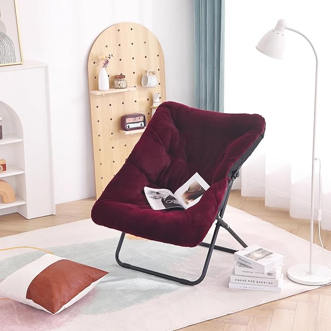Tiita Comfy Saucer Chair, Soft Faux Fur Oversized Folding Accent Chair, Lounge Lazy Chair for Kids Teens Adults, Metal Frame Moon Chair for Bedroom, Living Room, Dorm Rooms - LeafyLoom