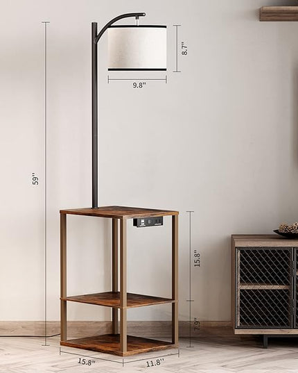 SUNMORY Rustic End Table Lamp with Table, Shelves, Charging Station(USB & AC Port) 3-Color Temperature LED Bulb For Floor, Living Room &, Bedroom(Brown) - LeafyLoom