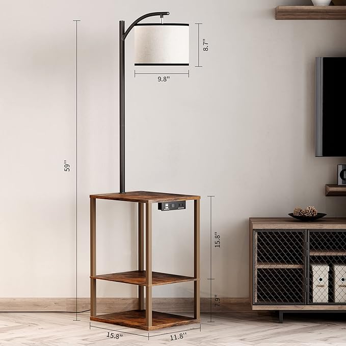 SUNMORY Rustic End Table Lamp with Table, Shelves, Charging Station(USB & AC Port) 3-Color Temperature LED Bulb For Floor, Living Room &, Bedroom(Brown) - LeafyLoom