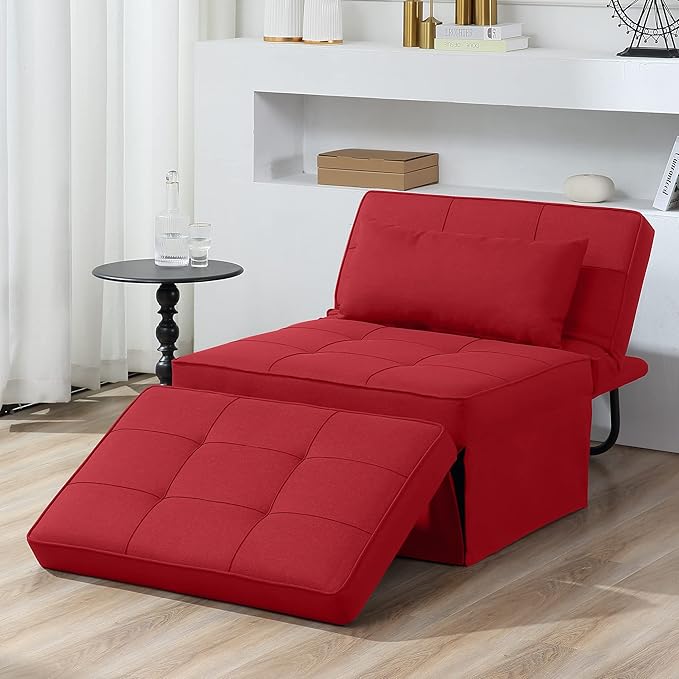 Sofa Bed, 4 in 1 Multi-Function Folding Ottoman Breathable Linen Couch Bed with Adjustable Backrest Modern Convertible Chair for Living Room Apartment Office,Red - LeafyLoom
