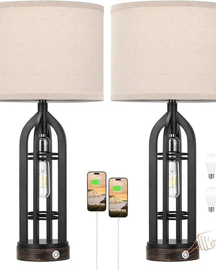 Table Lamp for Living Room - Lamps Set of 2 with USB C+A & Outlet, 3-Way Dimmable Farmhouse Lamps for Night Stands, Rustic Bedside Lamp for End Tables, Industrial Nightstand Lamps for Bedroom - LeafyLoom