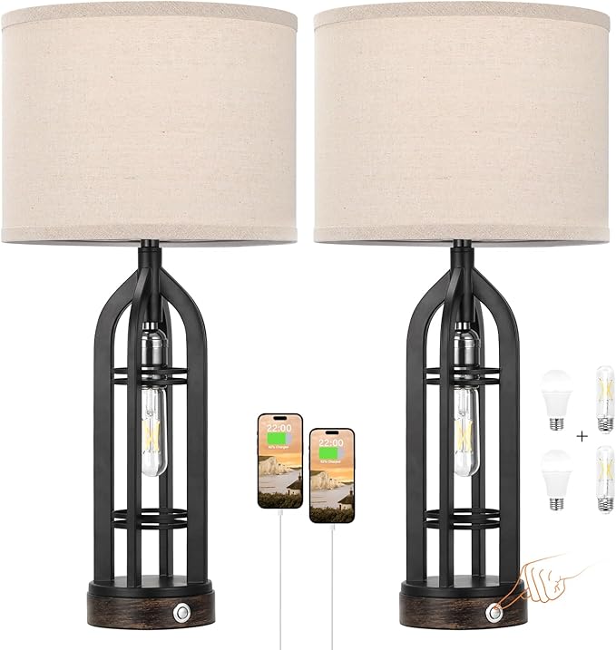 Table Lamp for Living Room - Lamps Set of 2 with USB C+A & Outlet, 3-Way Dimmable Farmhouse Lamps for Night Stands, Rustic Bedside Lamp for End Tables, Industrial Nightstand Lamps for Bedroom - LeafyLoom