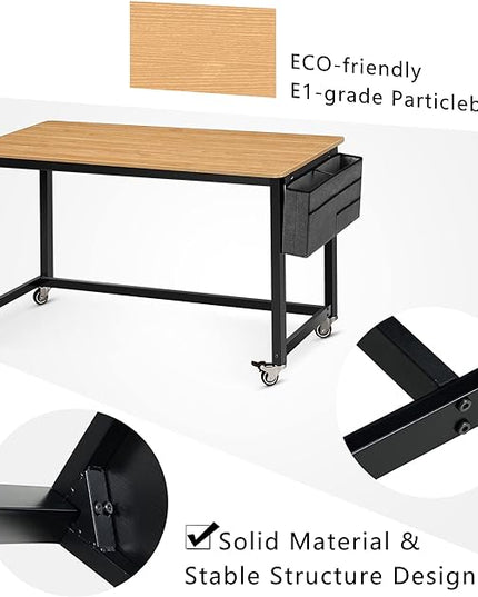 AHB 55" Rolling Computer Desk with 4 Smooth Wheels, Simple Style Mobile Writing Desk Home Office Study Table Movable Workstation with Metal Frame - LeafyLoom
