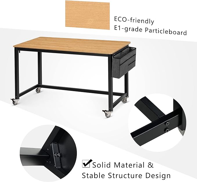 AHB 55" Rolling Computer Desk with 4 Smooth Wheels, Simple Style Mobile Writing Desk Home Office Study Table Movable Workstation with Metal Frame - LeafyLoom