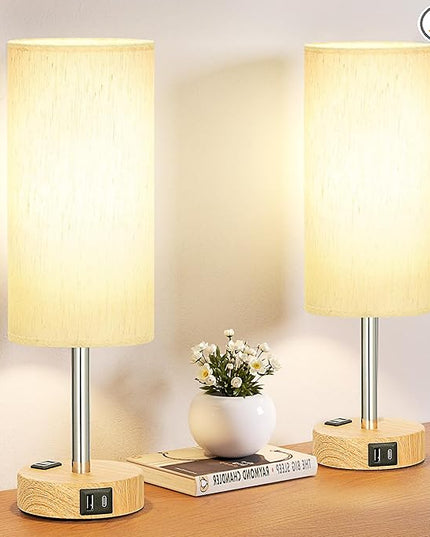 Small Touch Table Lamps Set of 2-3-Way Dimmable, USB A + C Charging, AC Outlet, Wood Grain Base, Bulbs Included - LeafyLoom