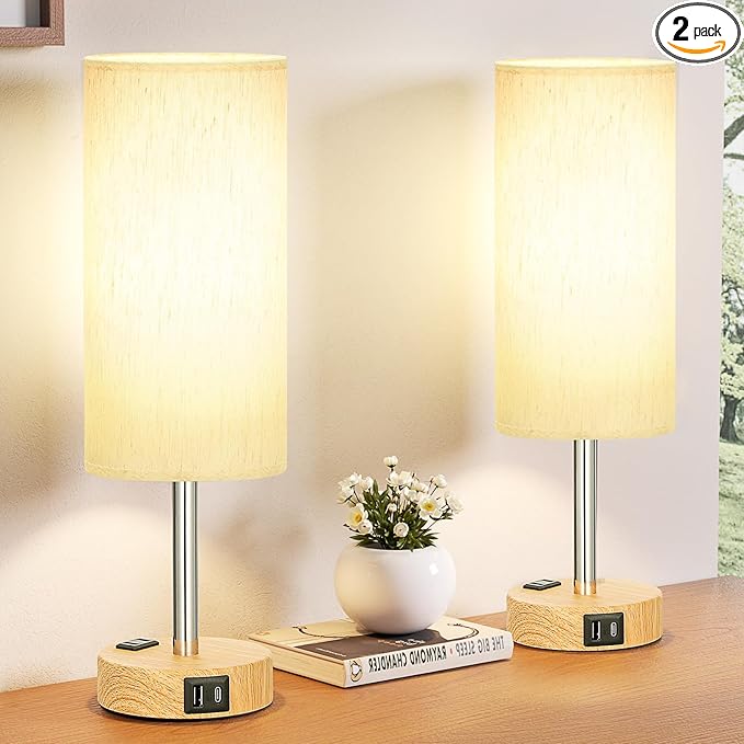 Small Touch Table Lamps Set of 2-3-Way Dimmable, USB A + C Charging, AC Outlet, Wood Grain Base, Bulbs Included - LeafyLoom