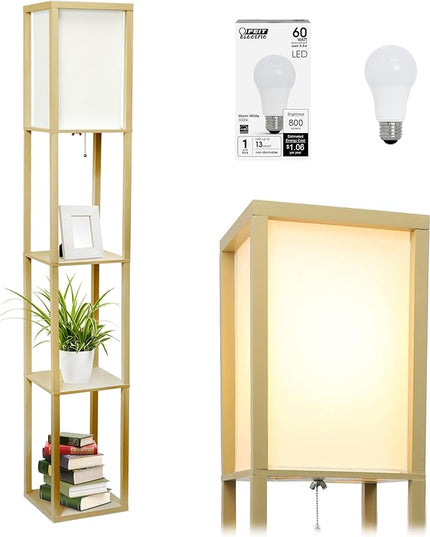 Simple Designs LF1014-TAN-LB Three Shelf Etagere Organizer Storage Floor Lamp with White Linen Shade for Living Room, Bedroom, Office, Hallway, Tan, with Feit LED Bulb Included - LeafyLoom