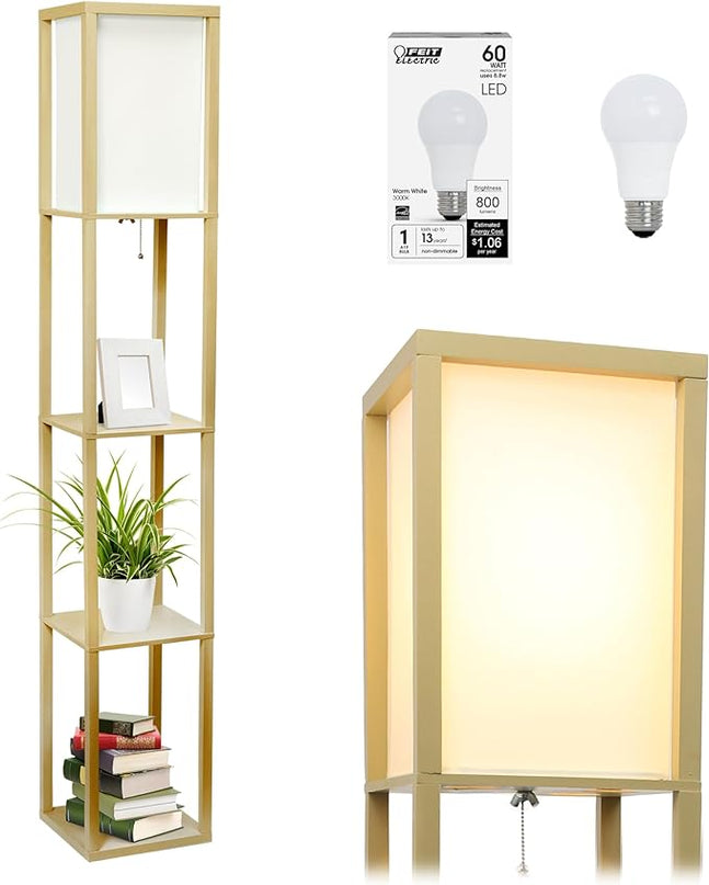 Simple Designs LF1014-TAN-LB Three Shelf Etagere Organizer Storage Floor Lamp with White Linen Shade for Living Room, Bedroom, Office, Hallway, Tan, with Feit LED Bulb Included - LeafyLoom